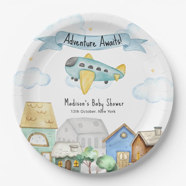 Assiettes En Carton Adventure Awaits Aviator Airplane Baby Shower  (Devant)