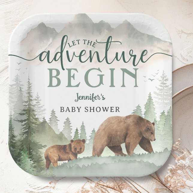 Assiettes En Carton Adventure Begin Baby Shower Bear Woodland Forest (Créateur téléchargé)