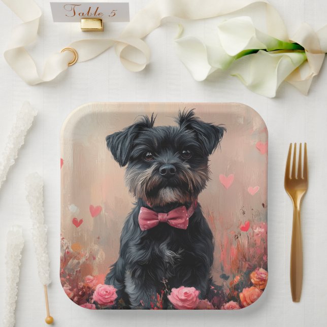 Assiettes En Carton Affenpinscher avec Rose - Saint Valentin (Mariage)