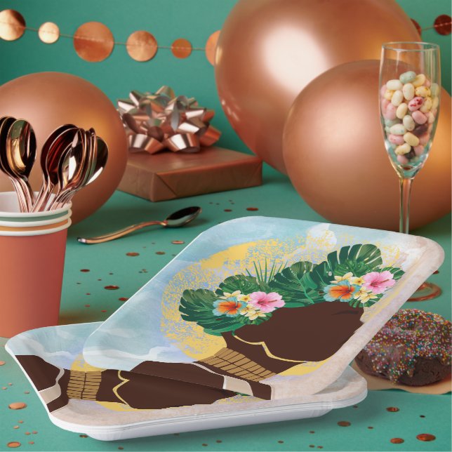 Assiettes En Carton Afro-Américaine Femme Florale Couronne (Multi)