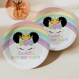 Assiettes En Carton Afro Puff Unicorn Rainbows fête d'anniversaire