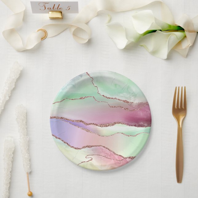 Assiettes En Carton Agate de pastèque | Neo Mint Green et Cassis Pink (Mariage)