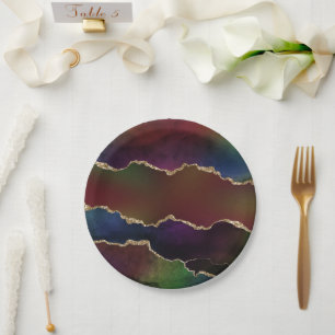 Assiettes En Carton Agate foncé intense   Moody Rainbow Jewel Tone