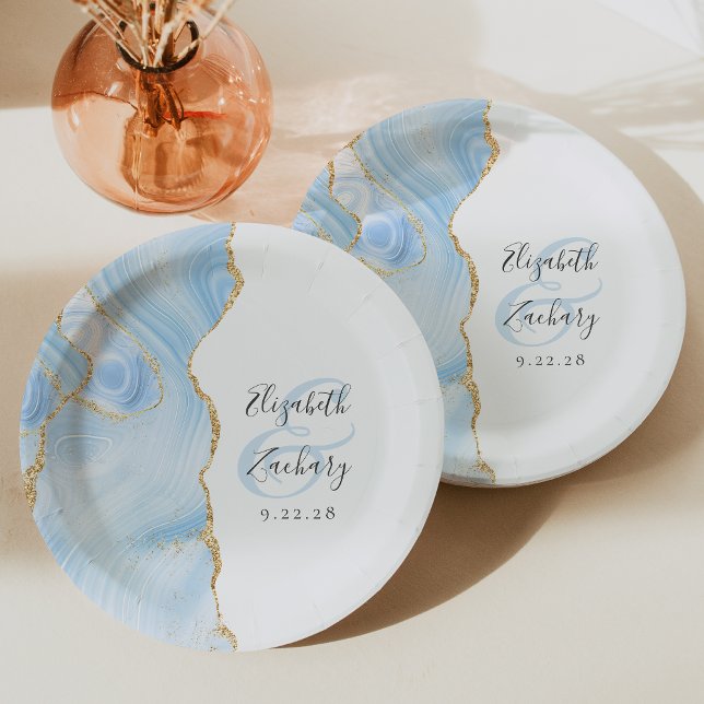 Assiettes En Carton Agate Geode Script Baby Blue Gold Mariage (Créateur téléchargé)
