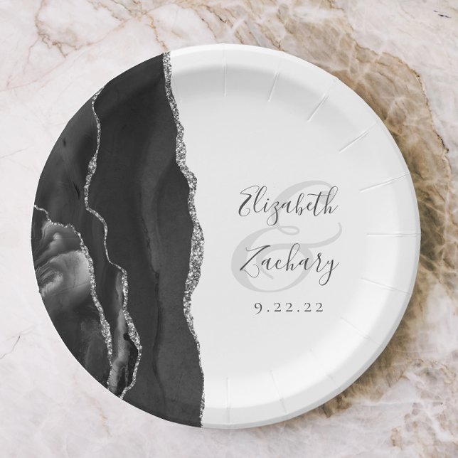 Assiettes En Carton Agate Geode Script Mariage noir argent (Créateur téléchargé)