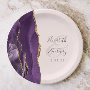 Assiettes En Carton Agate Geode Script Purple Gold Blush Mariage