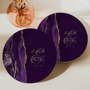 Assiettes En Carton Agate Geode Script Purple Gold Plum Mariage