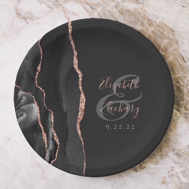 Assiettes En Carton Agate Geode Script Rose noir Gold Dark Mariage (Créateur téléchargé)