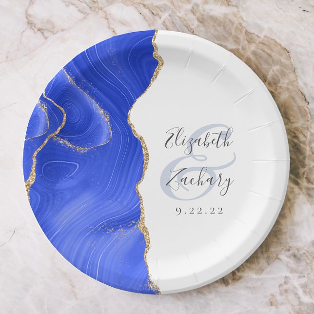Assiettes En Carton Agate Geode Script Royal Blue Gold Mariage (Créateur téléchargé)