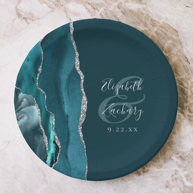 Assiettes En Carton Agate Geode Script Sombre Teal Argent Mariage (Créateur téléchargé)