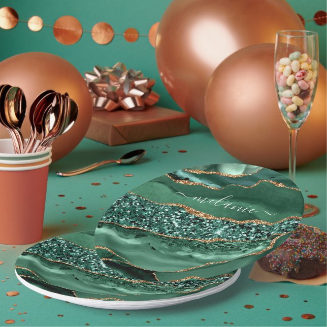 Assiettes En Carton Agate Green Gold Parties scintillant Geode Marbre  (Multi)