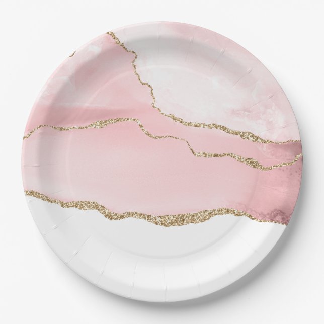 Assiettes En Carton Agate rose vierge avec ruban or Élégant (Devant)