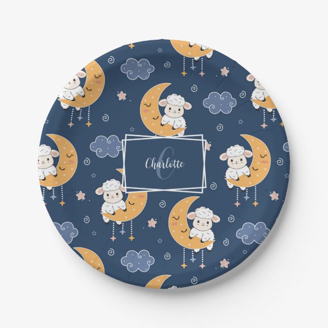 Assiettes En Carton Agneau bébé sur la lune Motif avec prénom (Devant)