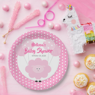 Assiettes En Carton Agneau Doux Rose, Baby shower Simple Moderne