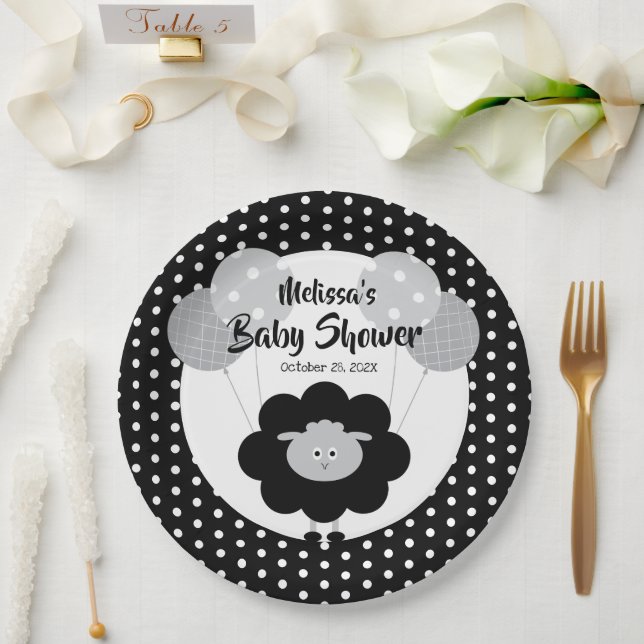 Assiettes En Carton Agneau noir blanc mignon Baby shower moderne doux (Mariage)