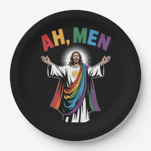 Assiettes En Carton Ah Men Funny Jesus LGBTQ Gay pride Arc-en-ciel