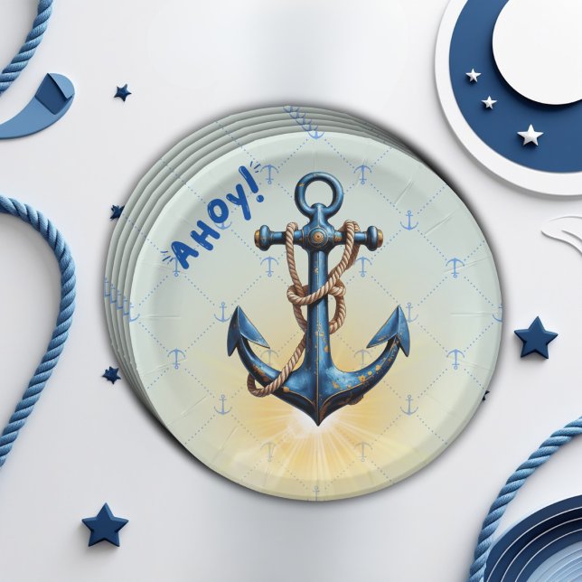 Assiettes En Carton Ahoy bleu moderne ! Ancre Baby shower nautique (Créateur téléchargé)