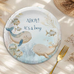 Assiettes En Carton Ahoy c'est un Boy Ocean Life Whale Baby shower<br><div class="desc">Ahoy c'est un garçon ! Plaques en papier baby shower de baleines (modifiables). Aquarelle naturelle et douce en bleu et beige avec baleines nageant sous la mer avec poissons et coraux. Le lettrage en gros et le style boho, parfait pour le baby shower de baleines, le baby shower nautique, sous...</div>