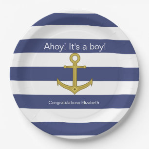 Assiettes En Carton Ahoy ! C'est un garçon ! Baby shower bleu blanc