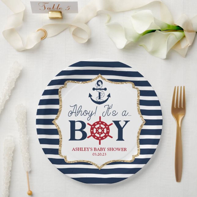 Assiettes En Carton Ahoy C'est un garçon Baby shower bleu marine nauti (Mariage)