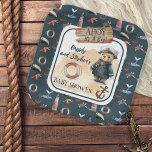 Assiettes En Carton Ahoy, C'est un garçon Baby shower Nautique Teddy B<br><div class="desc">Naviguez pour un délicieux baby shower à thème nautique avec notre collection de modèles "Ahoy, It's A Boy" Teddy Bear invitation et accessoires. Ce design charmant comprend un ours en peluche habillé d'un uniforme de capitaine, posé sur la plage de sable avec un panneau en bois "Ahoy It's A Boy...</div>