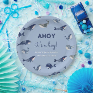 Assiettes En Carton Ahoy C'est Un Garçon Baleine Bleue Baby Shower