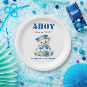 Assiettes En Carton Ahoy Nautical Blue Sailor Bear Baby shower