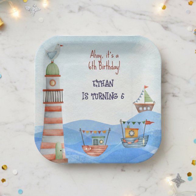 Assiettes En Carton Ahoy Nautical kids aquarelle anniversaire (Créateur téléchargé)