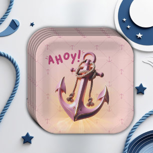 Assiettes En Carton Ahoy rose moderne ! Ancre Baby shower nautique