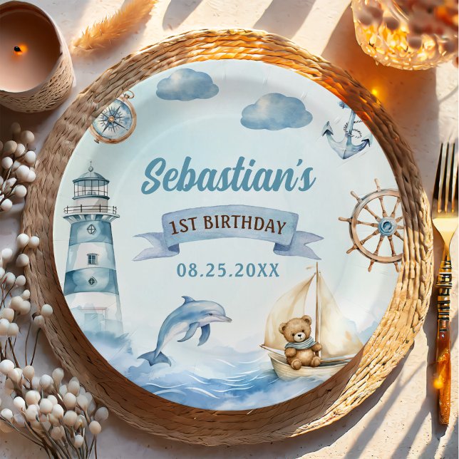 Assiettes En Carton Ahoy Sailor Nautical Boat Blue 1er anniversaire (Créateur téléchargé)