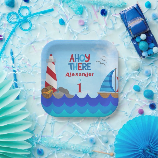 Assiettes En Carton "Ahoy There" Citation Lighthouse Voilier Trésor (Fête)