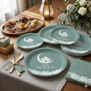 Assiettes En Carton Aïd Moubarak 1447 Hijri Croissant Mosquée Design