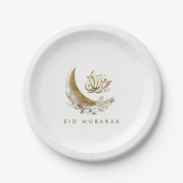 Assiettes En Carton Aïd Moubarak | Calligraphie arabe | Lune d'or (Devant)
