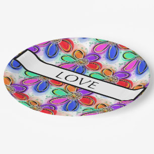 Assiettes En Carton Aimer Artsy Colorée Aquarelle Fleurs