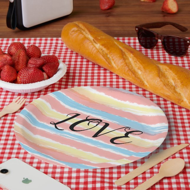 Assiettes En Carton Aimer Typographie Pink Yellow Blue Aquarelle (Pique-nique)