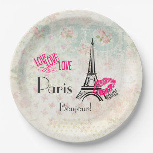 Assiettes En Carton Aimez Paris avec la Tour Eiffel sur motif vintage