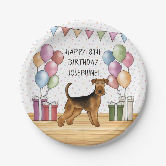 Assiettes En Carton Airedale Terrier Cute Dog Pastel Joyeux Anniversai (Devant)