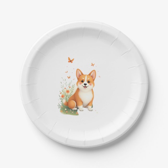 Assiettes En Carton Akita Chien avec Fleur et T-shirt Papillon (Devant)