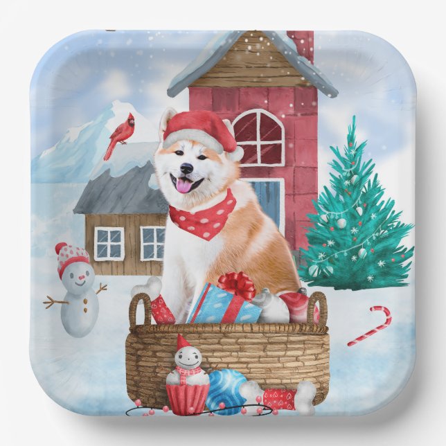 Assiettes En Carton Akita Chien dans la neige Maison de Chien de Noël (Recto)