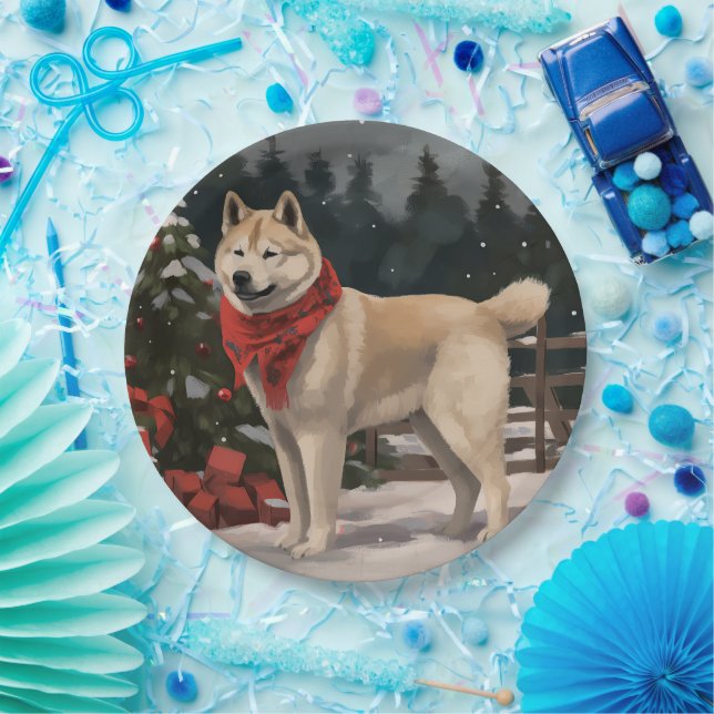 Assiettes En Carton Akita Chien dans Noël de neige (Fête)