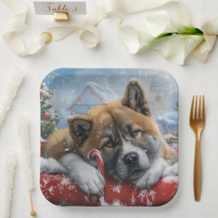 Assiettes En Carton Akita Chien Festive de Noël