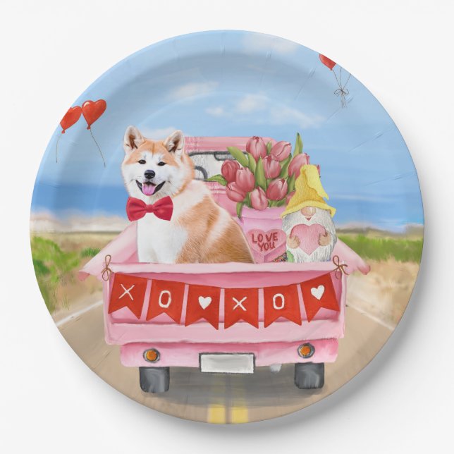 Assiettes En Carton Akita Chien Saint Valentin Coeurs de Camion (Devant)