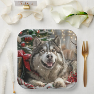 Assiettes En Carton Alaskan Malamute Chien Fête de Noël