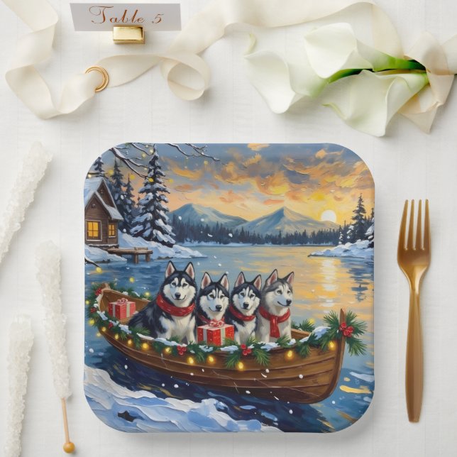 Assiettes En Carton Alaskan Malamute Christmas Boat Holiday (Mariage)