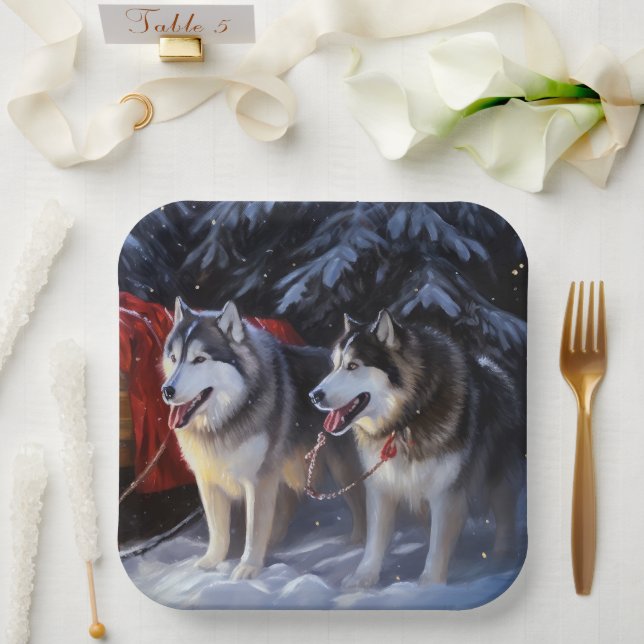 Assiettes En Carton Alaskien Malamute Snowy Sleigh Ride Noël (Mariage)