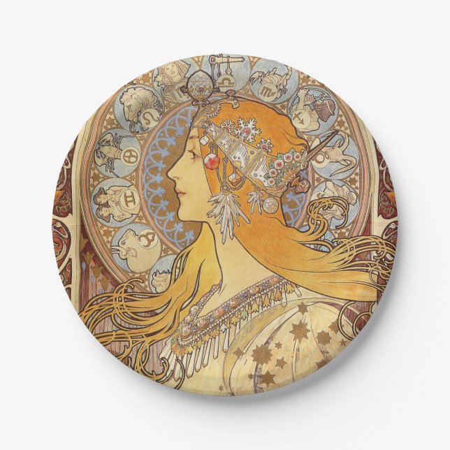 Assiettes En Carton Alfonse Mucha Zodiac Art nouveau femme (Devant)