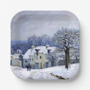 Assiettes En Carton Alfred Sisley - Place Chenil à Marly, Effet Neige