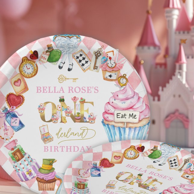 Assiettes En Carton Alice in Wonderland 1st birthday Pink  (Créateur téléchargé)