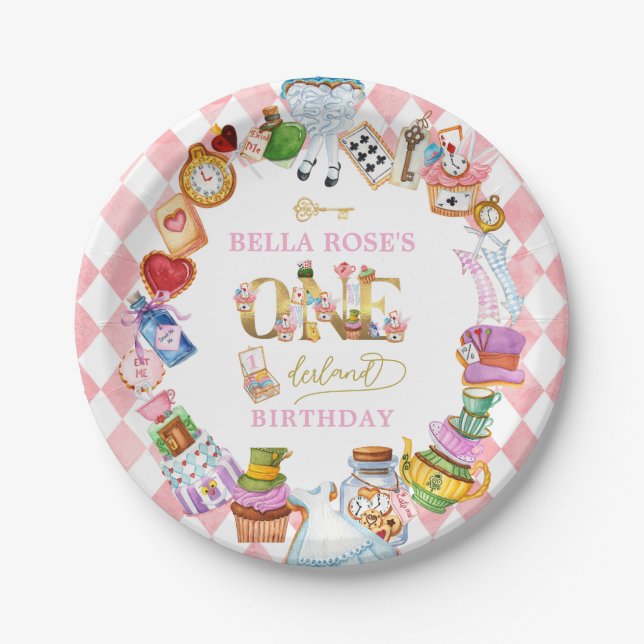 Assiettes En Carton Alice in Wonderland 1st birthday Pink  (Devant)