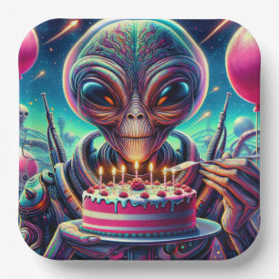 Assiettes En Carton Alien extraterrestre mangeant Anniversaire Gâteau
